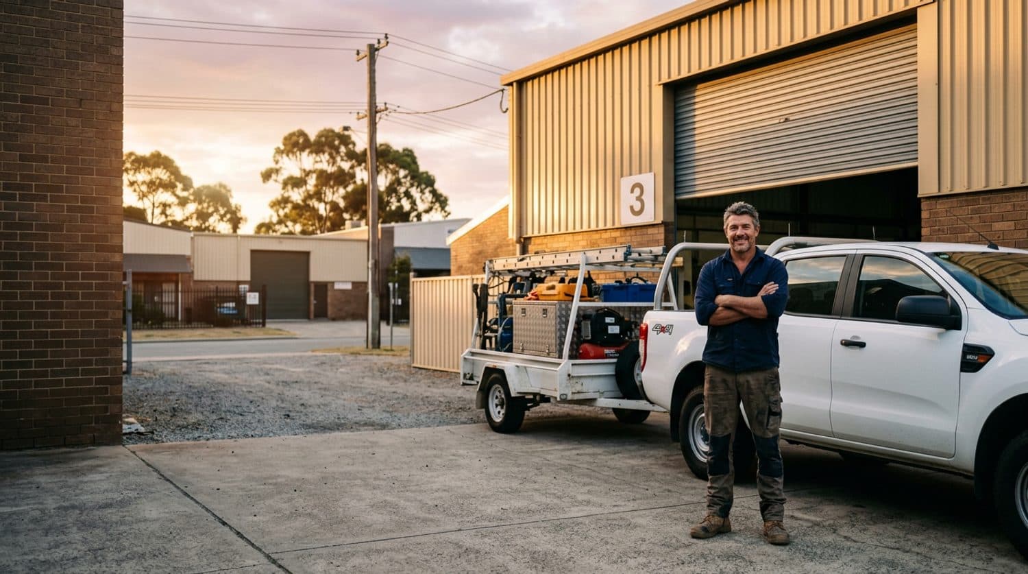 A Perth business owner with his ute and equipment trailer at his workshop