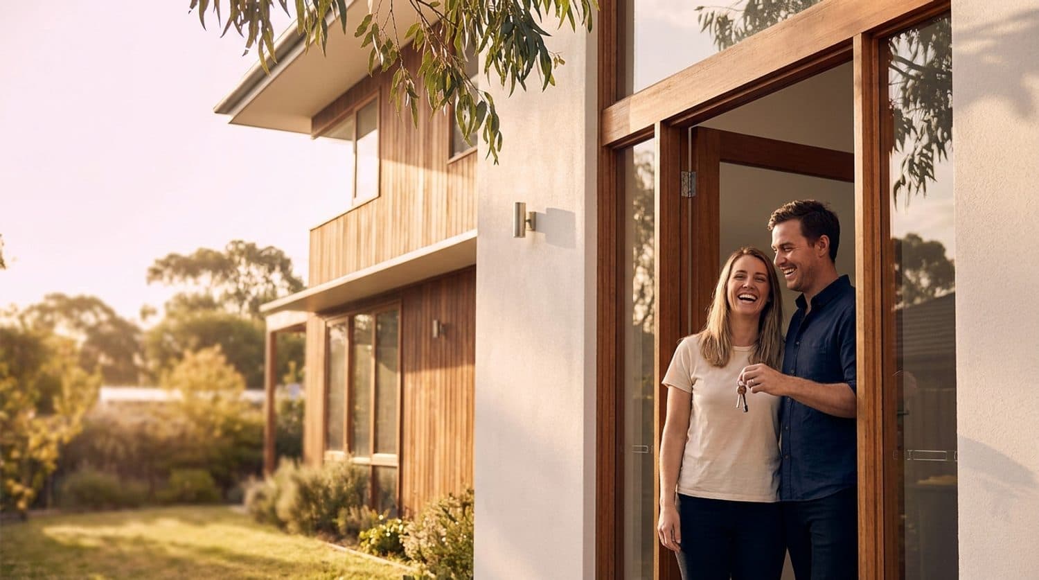 A Perth couple holding the keys to their new home at golden hour